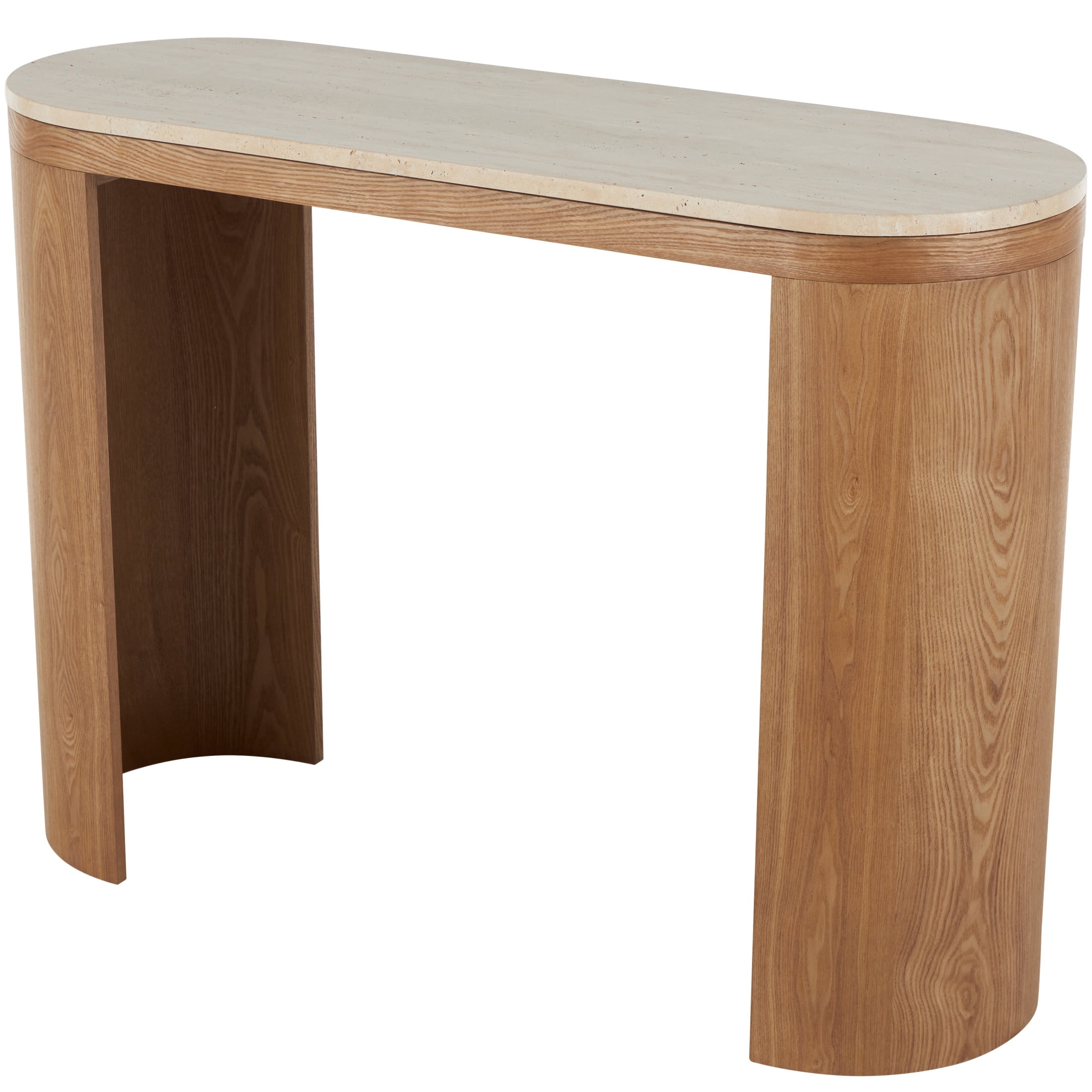 DecMode 44" x 32" Brown Wood Curved Crescent Console Table with Oval Beige Marble Tabletop, 1-Piece