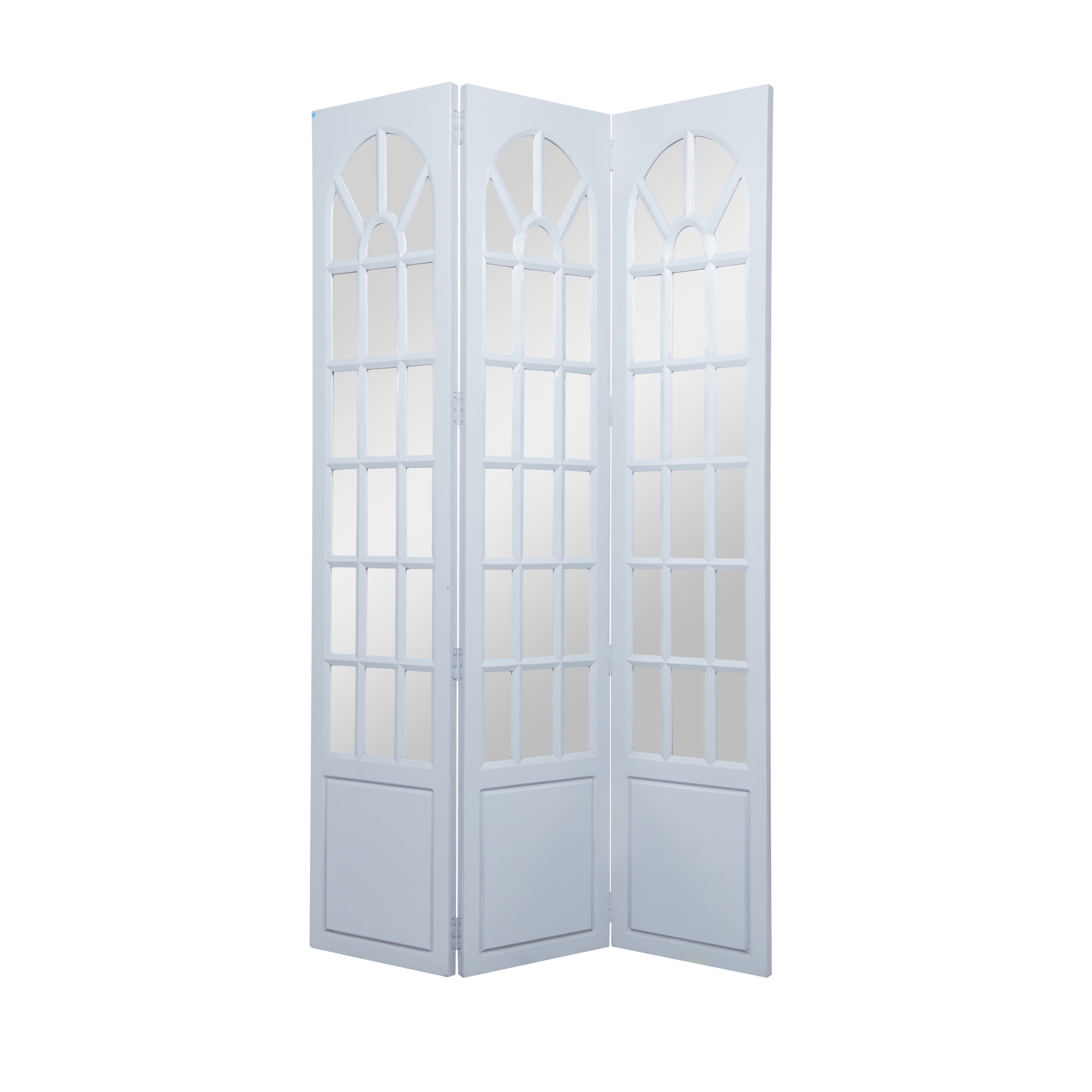 DecMode 44" x 72" Blue Wood Hinged Foldable Partition 3 Panel Room Divider Screen with Window Pane Style Mirror, 1-Piece