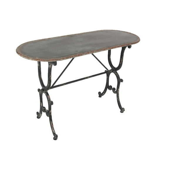 DecMode 45" x 29" Gray Metal Oval Scroll Console Table with Distressed Accents, 1-Piece