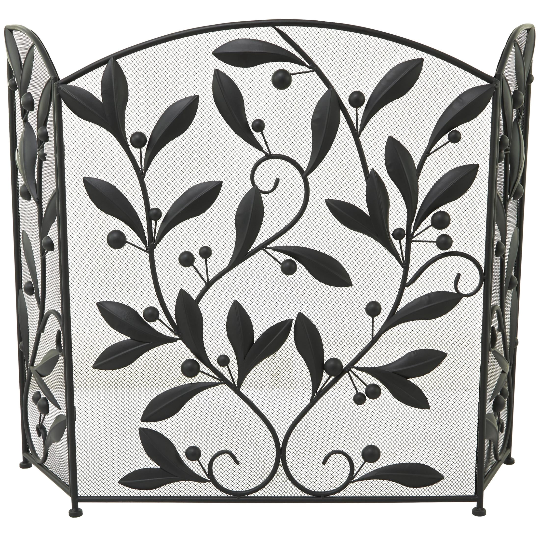 DecMode 45" x 30" Black Metal Foldable Mesh Netting 3 Panel Scroll Fireplace Screen with Leaf and Vine Relief, 1-Piece
