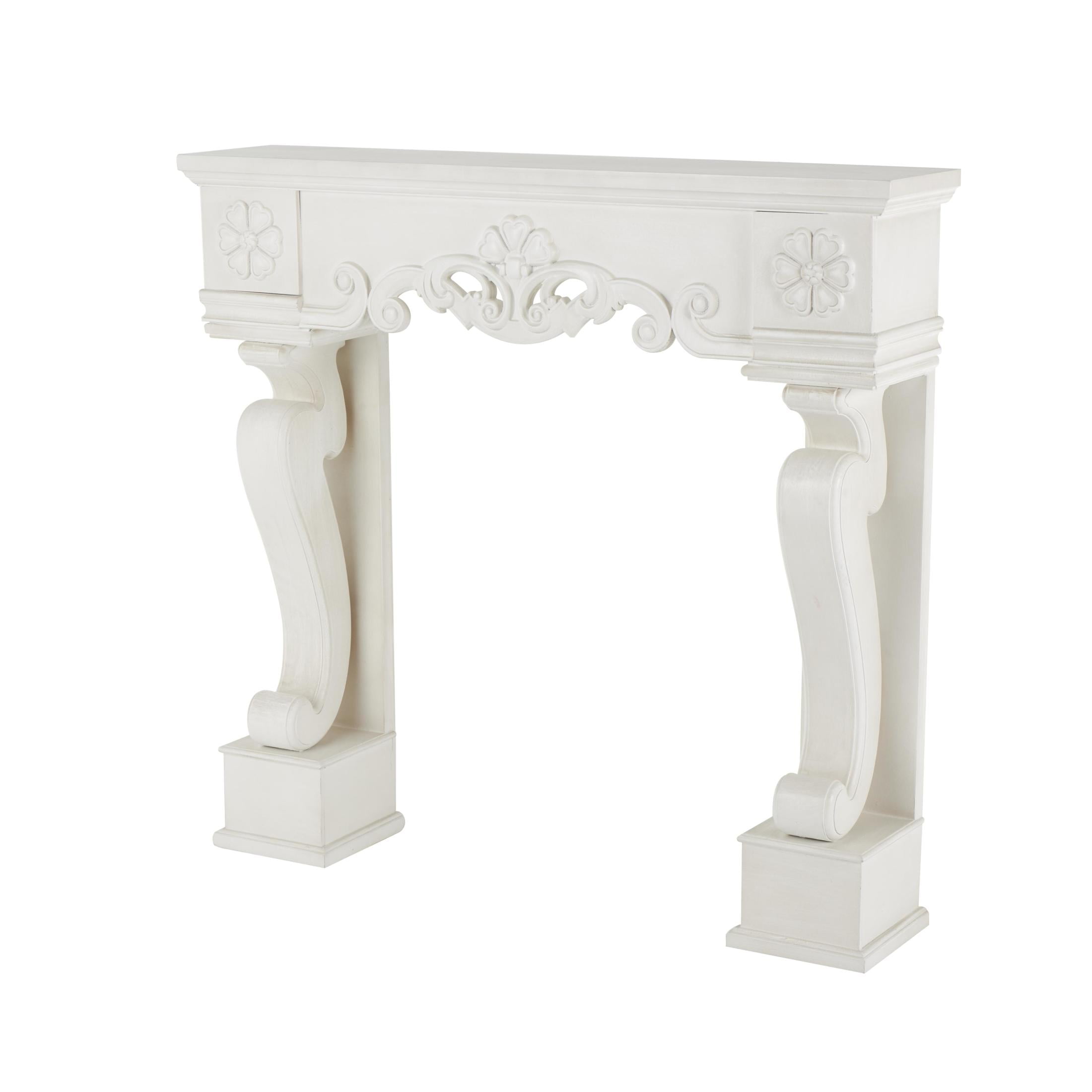 DecMode 45" x 42" Wooden White Freestanding Scroll Surround Fireplace Mantle with Floral Accents