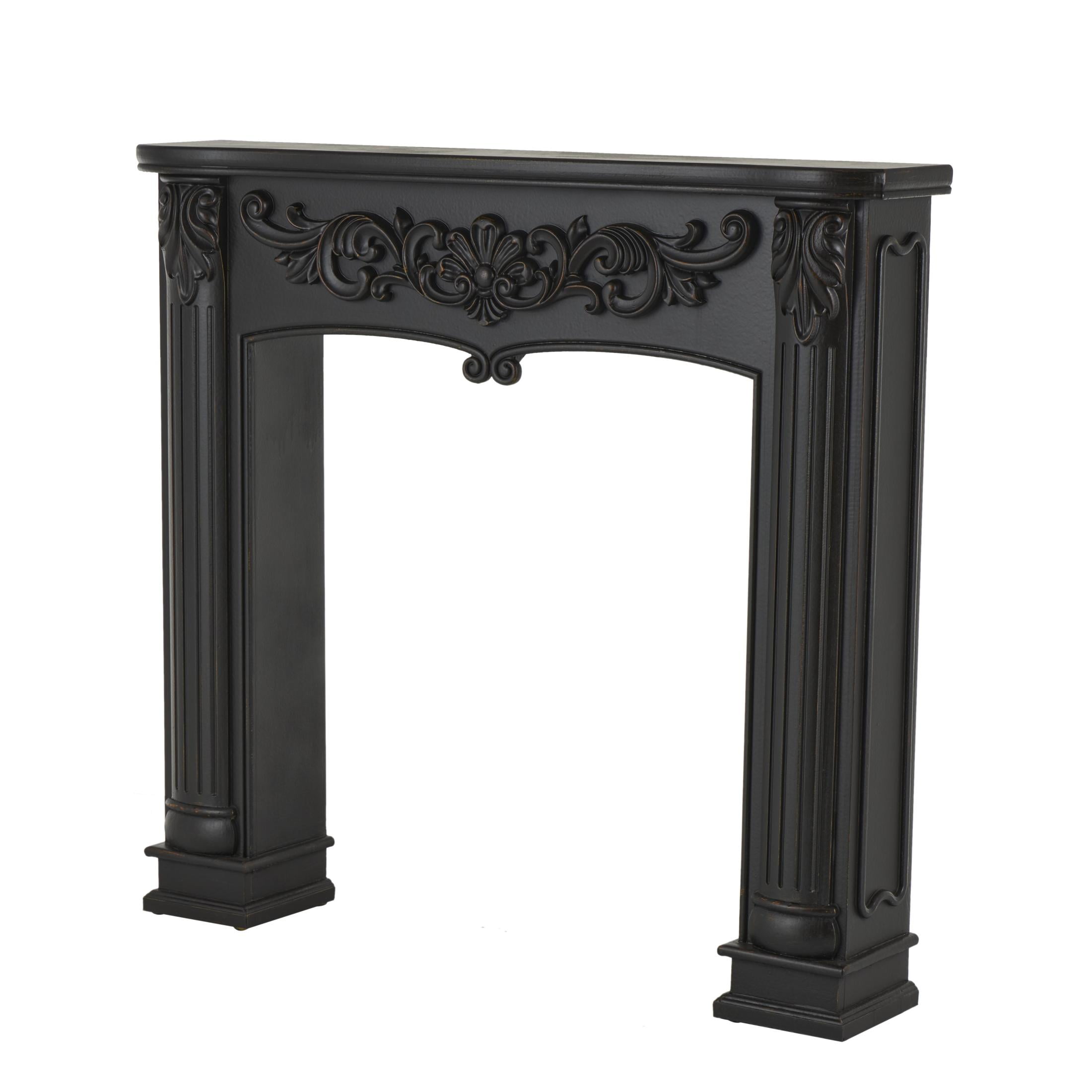 DecMode 45" x 43" Wooden Black Freestanding Scroll Surround Fireplace Mantle with Floral Accents