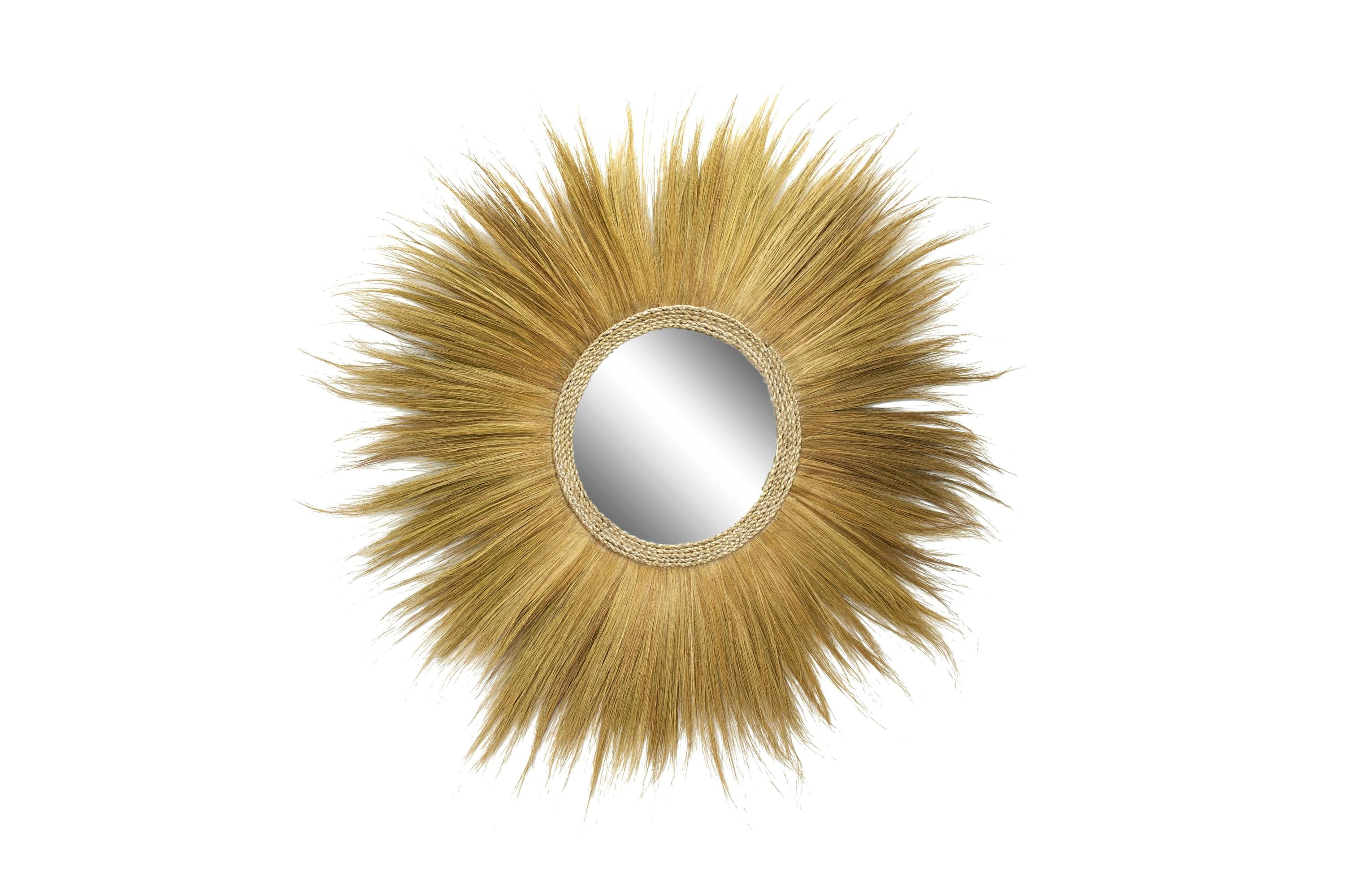 Golden Sunburst Round Decorative Wall Mirror with Grass Trim