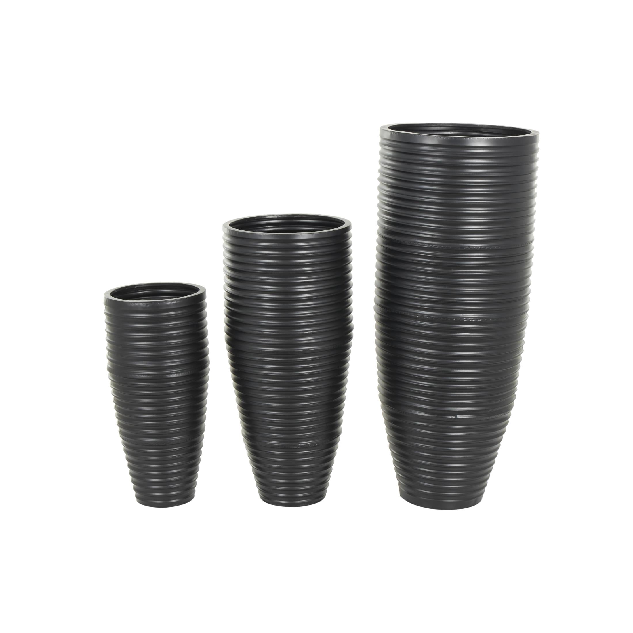 DecMode 46", 35", 27"H Ribbed Tall Floor Black Metal Vase with Horizontal Grooves, Set of 3