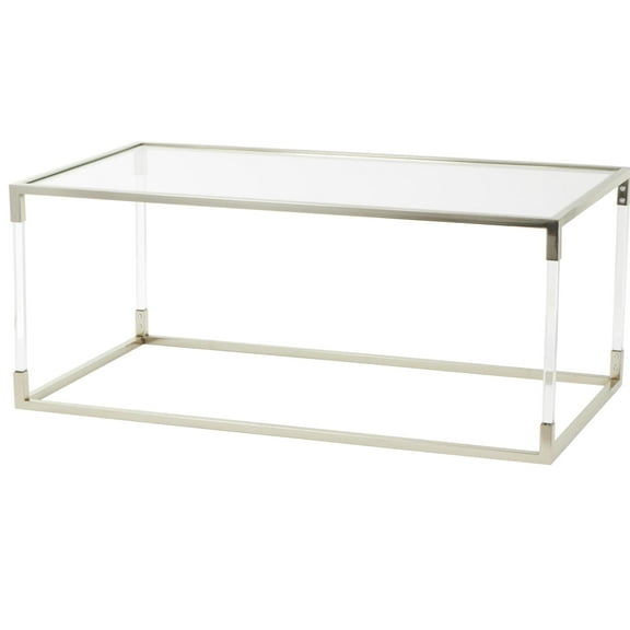 DecMode 46" x 19" Silver Metal Open Framed Coffee Table with Clear Glass Top and Acrylic Legs, 1-Piece
