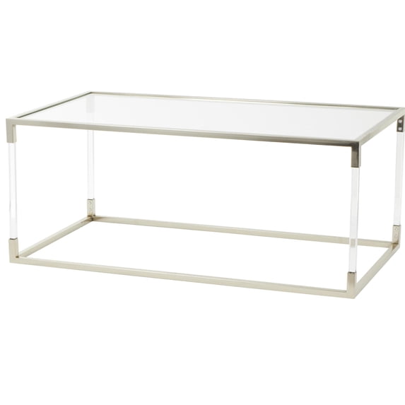 DecMode 46" x 19" Silver Metal Open Framed Coffee Table with Clear Glass Top and Acrylic Legs, 1-Piece