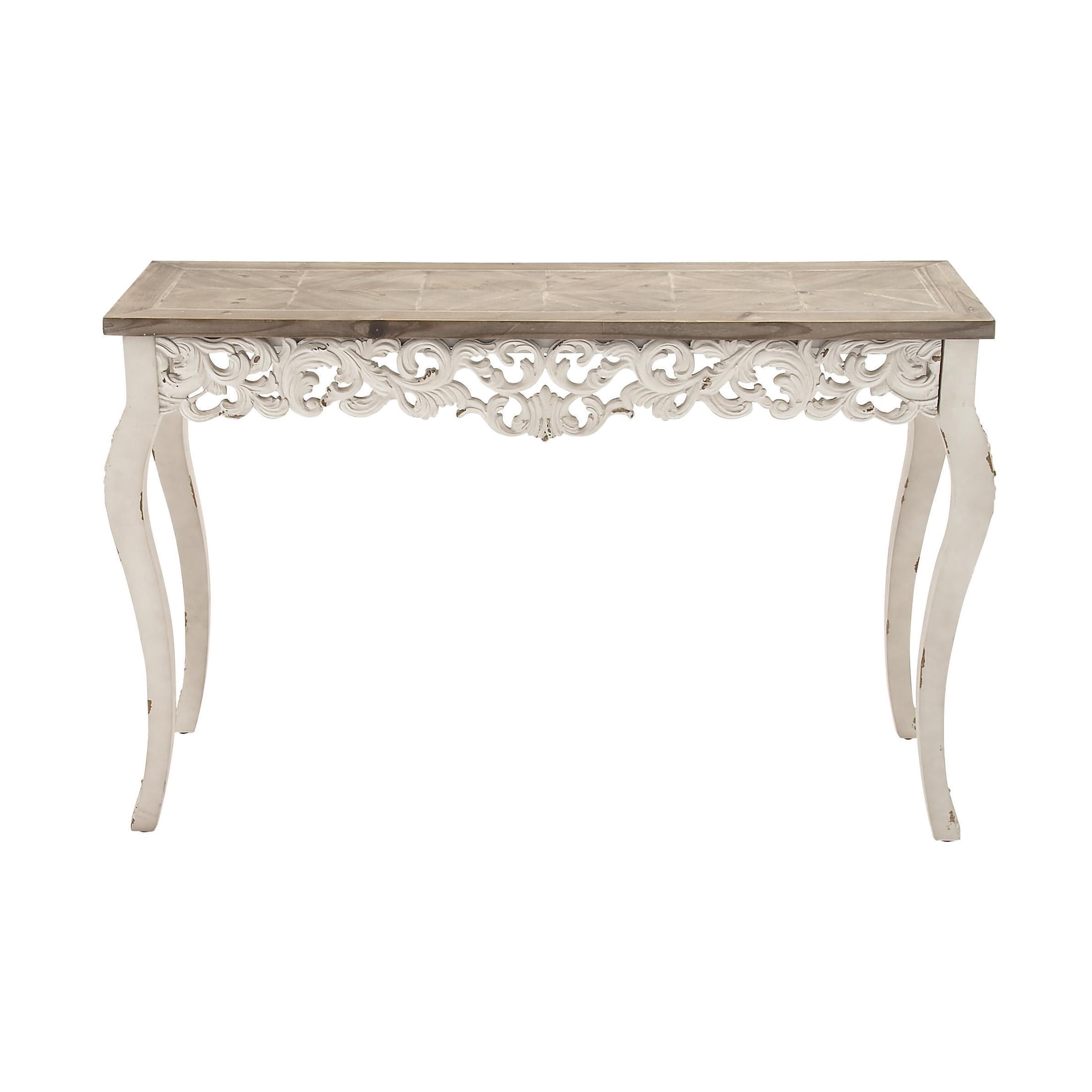 DecMode 46" x 30" White Wood Intricately Carved Scroll Console Table with Brown Wood Top, 1-Piece