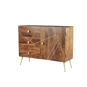 DecMode 46" x 36" Brown Metal 3 Drawers 1 Shelf and 2 Doors Buffet with Gold Inlay, 1-Piece