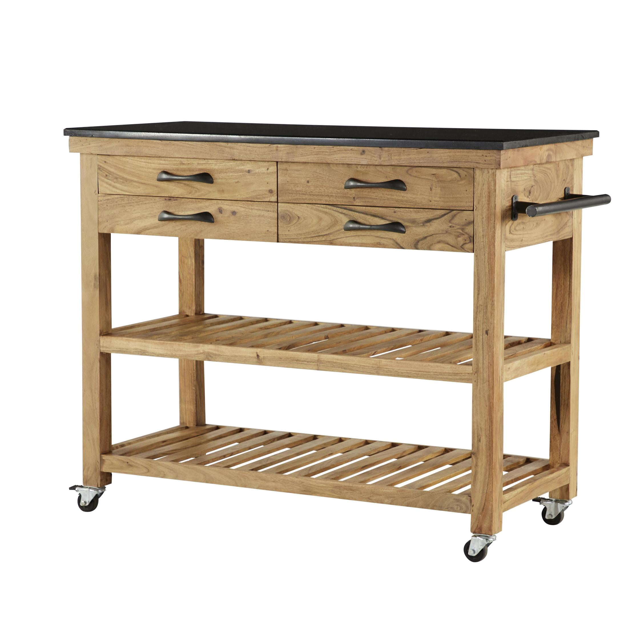 DecMode 46" x 36" Brown Wood Rolling 4 Drawer and 2 Shelf Kitchen Cart with Black Metal Handles and Marble Top, 1-Piece