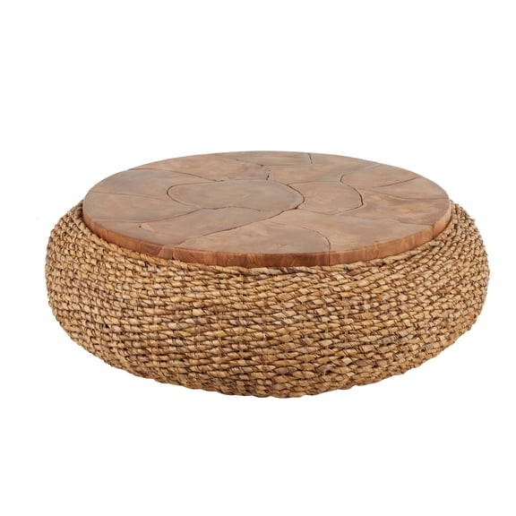 DecMode 47" x 15" Brown Rattan Wrapped Coffee Table with Teak Tabletop, 1-Piece