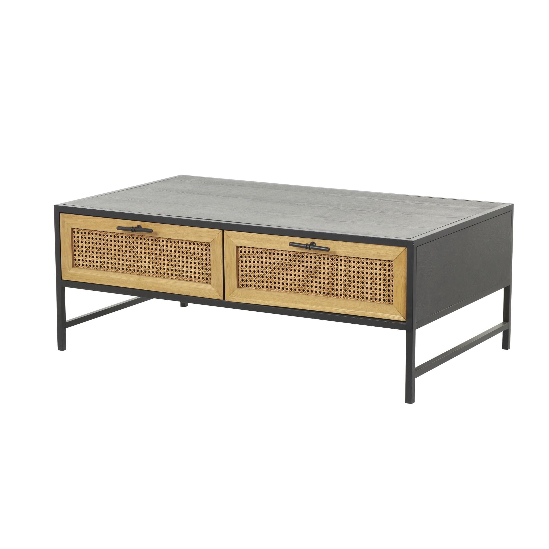 DecMode 47" x 18" Black Wooden Handmade 2 Drawer Coffee Table with Rattan Drawer Fronts, 1-Piece