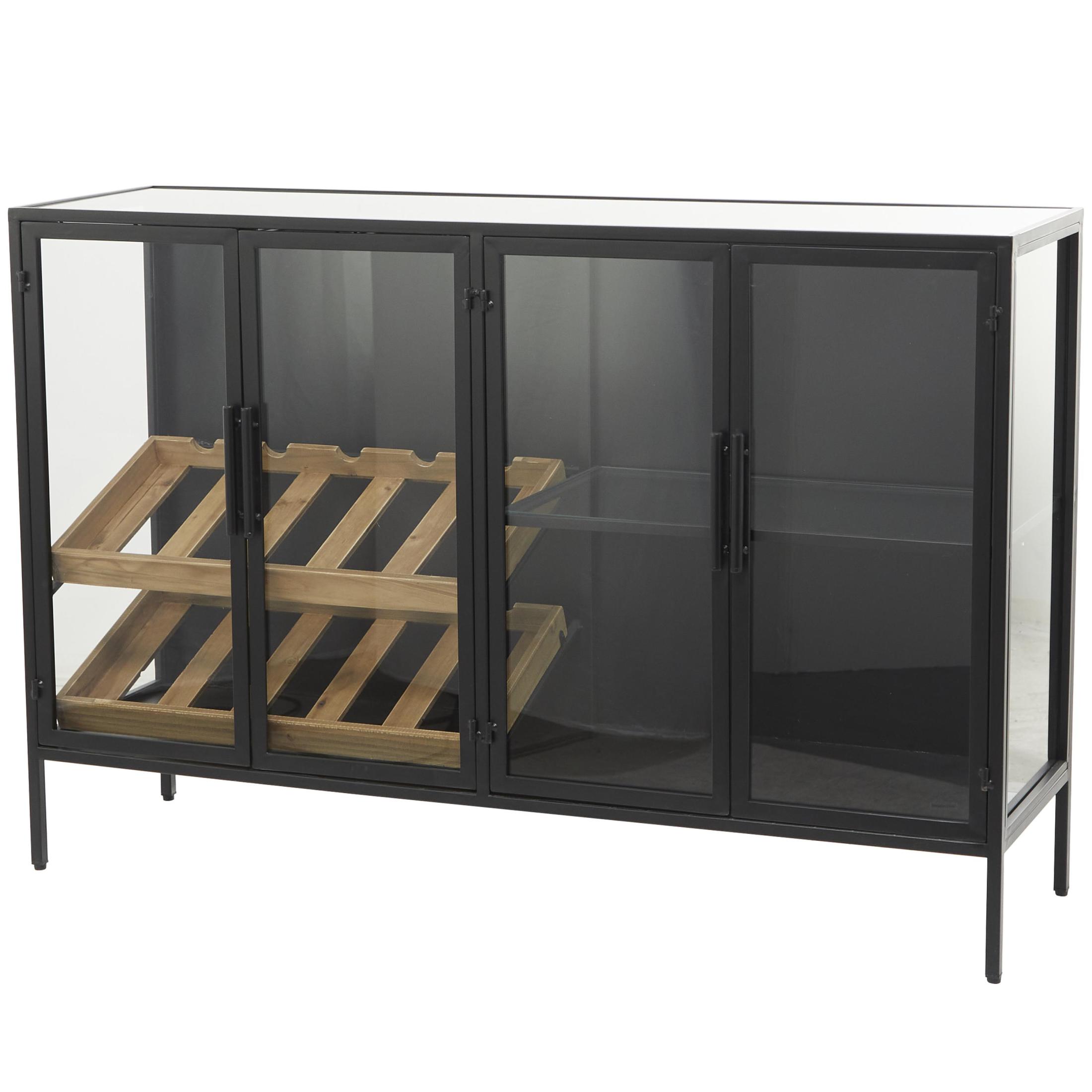 DecMode 47" x 32" Black Metal 10 Bottle Glass Panel Door Standing Wine Rack with Wine Glass Holders and Wood Accents, 1-Piece