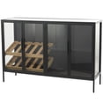 thumbnail image 1 of DecMode 47" x 32" Black Metal 10 Bottle Glass Panel Door Standing Wine Rack with Wine Glass Holders and Wood Accents, 1-Piece, 1 of 13