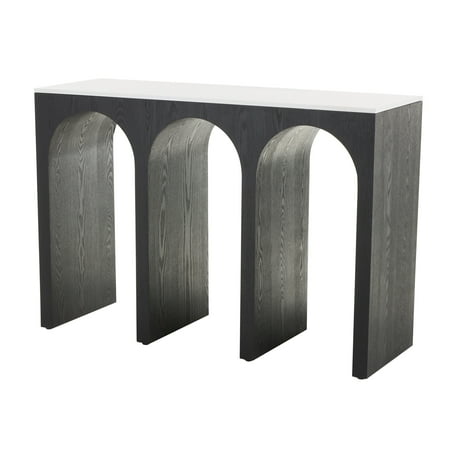 DecMode 47" x 32" Black Wood Art Deco Arched Cutout Console Table with White Marble Tabletop, 1-Piece