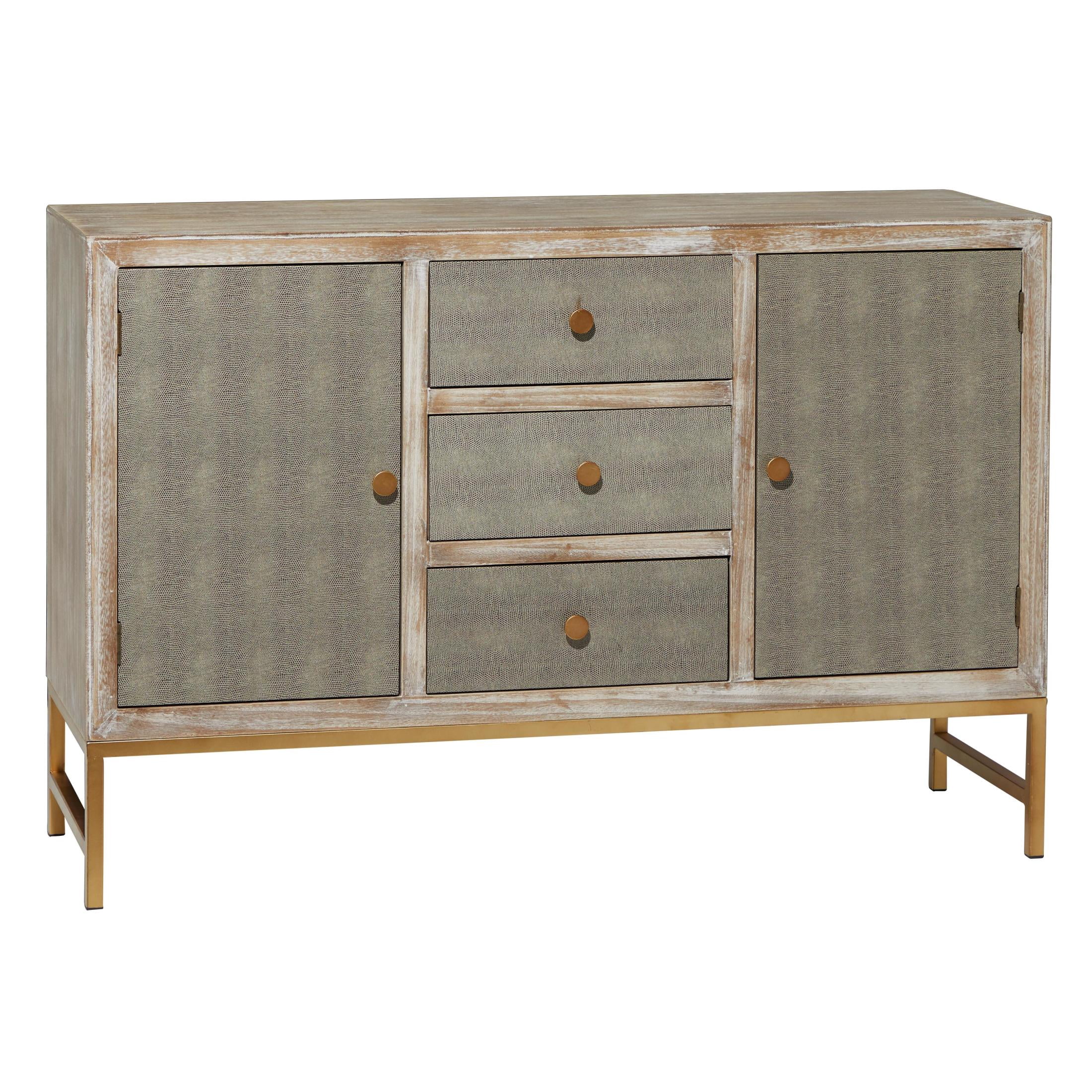 DecMode 47" x 32" Gray Wood Snakeskin Inspired 2 Door and 3 Drawer Cabinet with Gold Knobs and Washed Brown Frame, 1-Piece