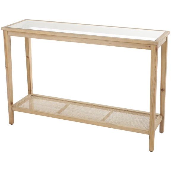 DecMode 47" x 32" Brown Wood Slim Natural Console Table with Glass Top and Rattan Shelf, 1-Piece