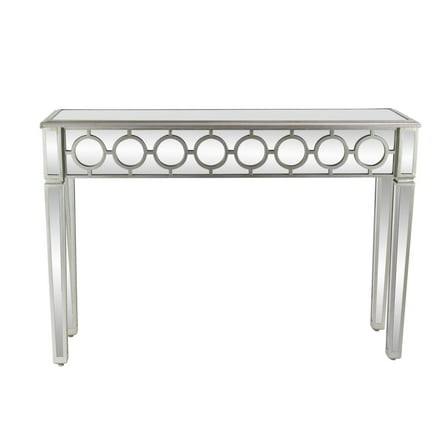 DecMode 47" x 32" Silver Glass Mirrored Geometric Console Table with Circular Panel Inlay, 1-Piece