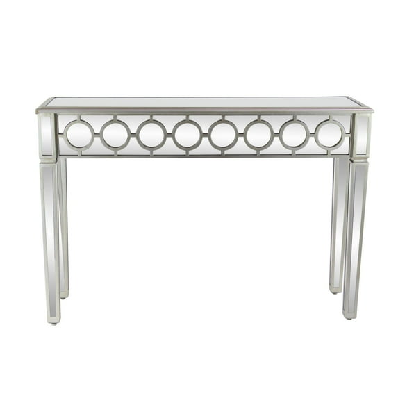 DecMode 47" x 32" Silver Glass Mirrored Geometric Console Table with Circular Panel Inlay, 1-Piece