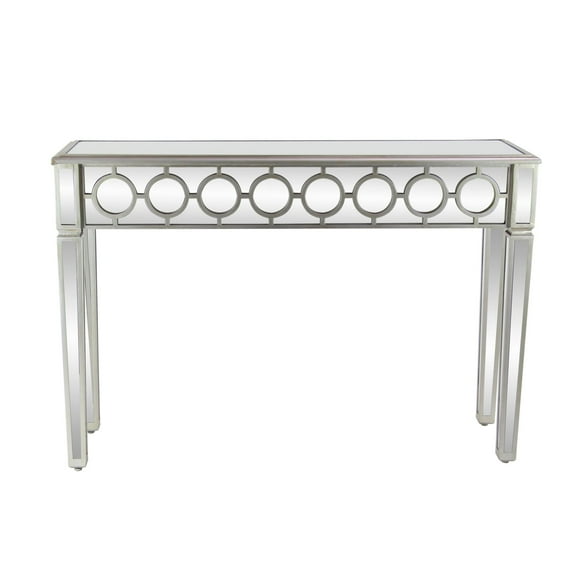 DecMode 47" x 32" Silver Glass Mirrored Geometric Console Table with Circular Panel Inlay, 1-Piece