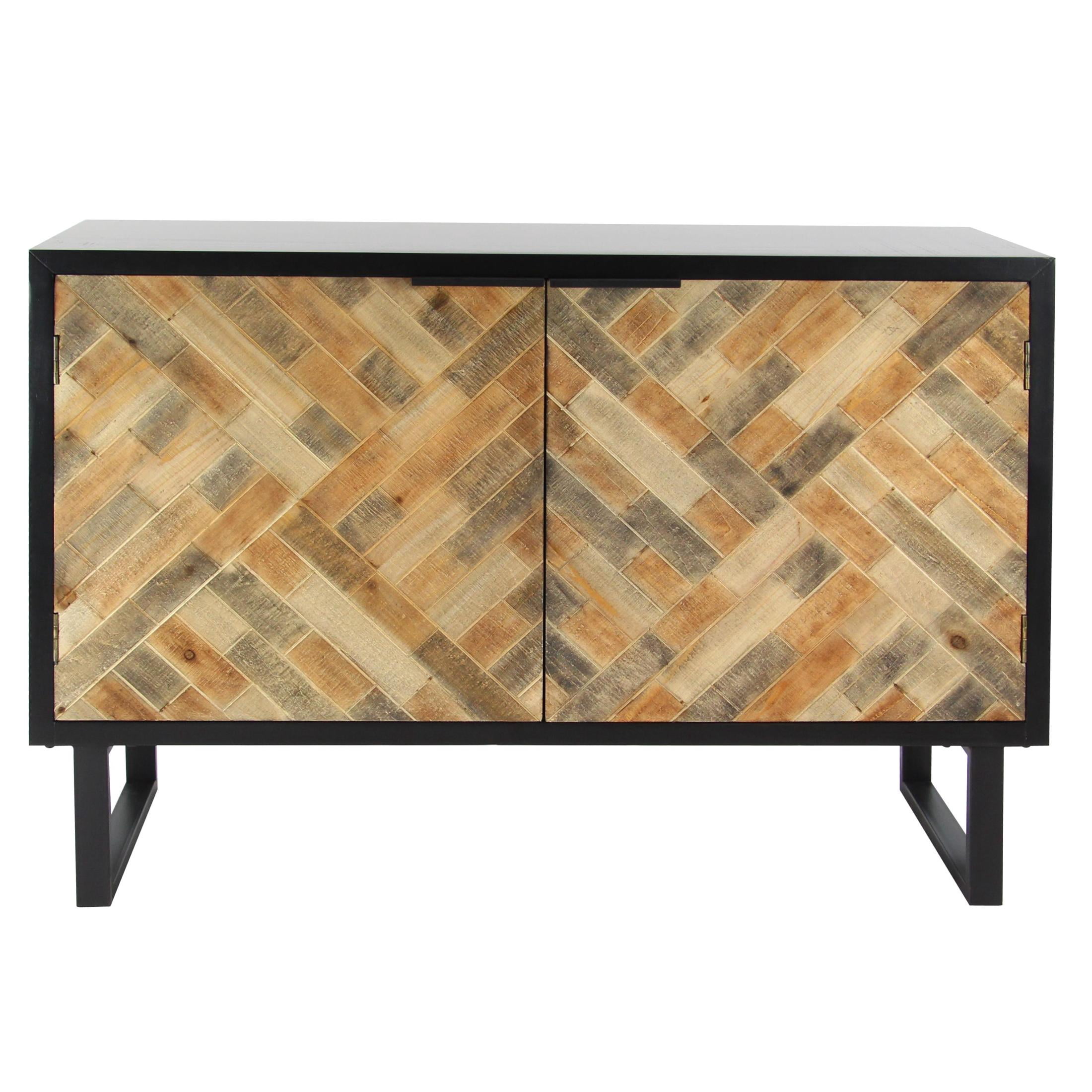 DecMode 47" x 33" Black Wood 2 Door Geometric Cabinet with Wood Inlay, 1-Piece