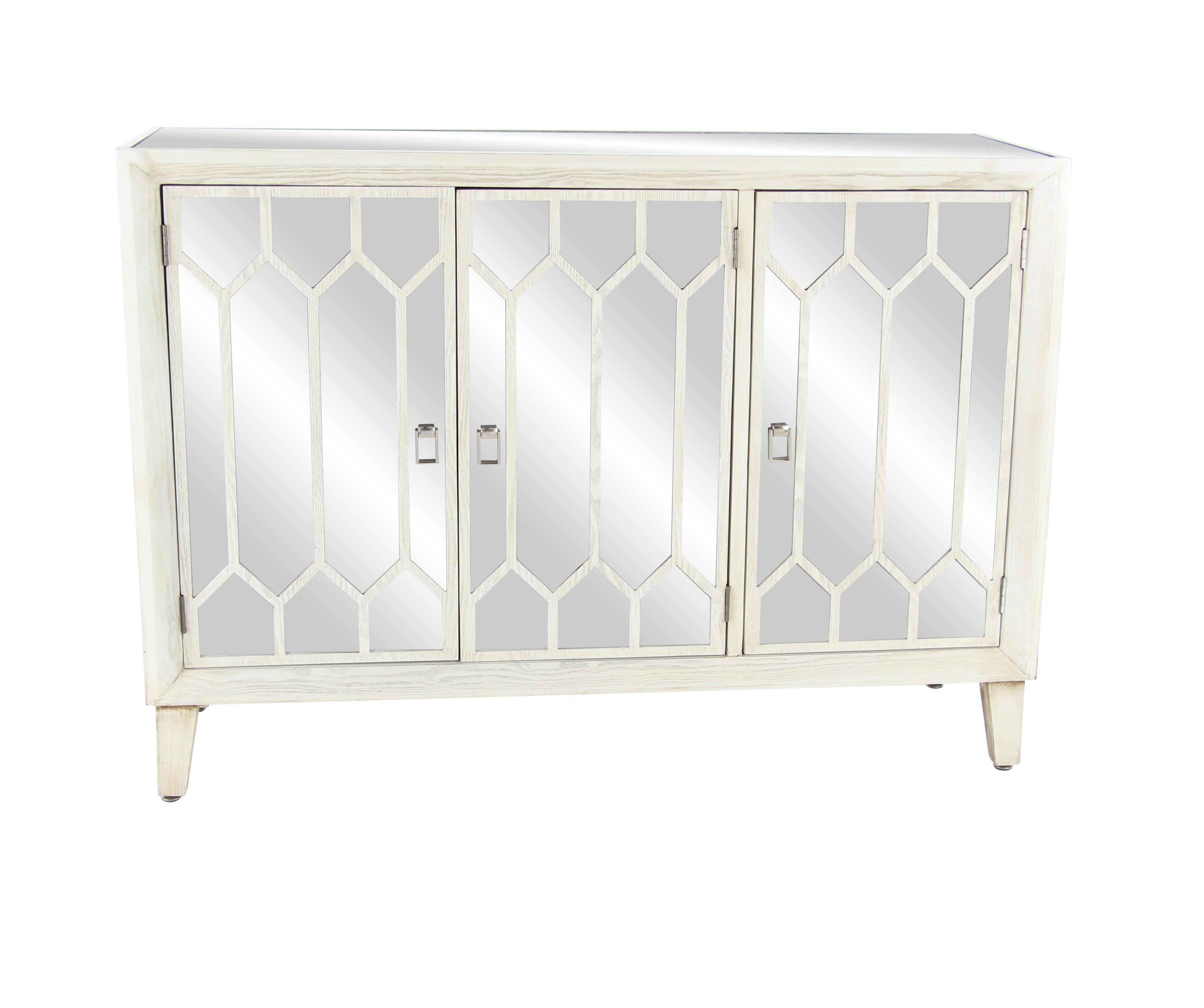 Elegant White Wood and Mirrored 3-Door Freestanding Cabinet