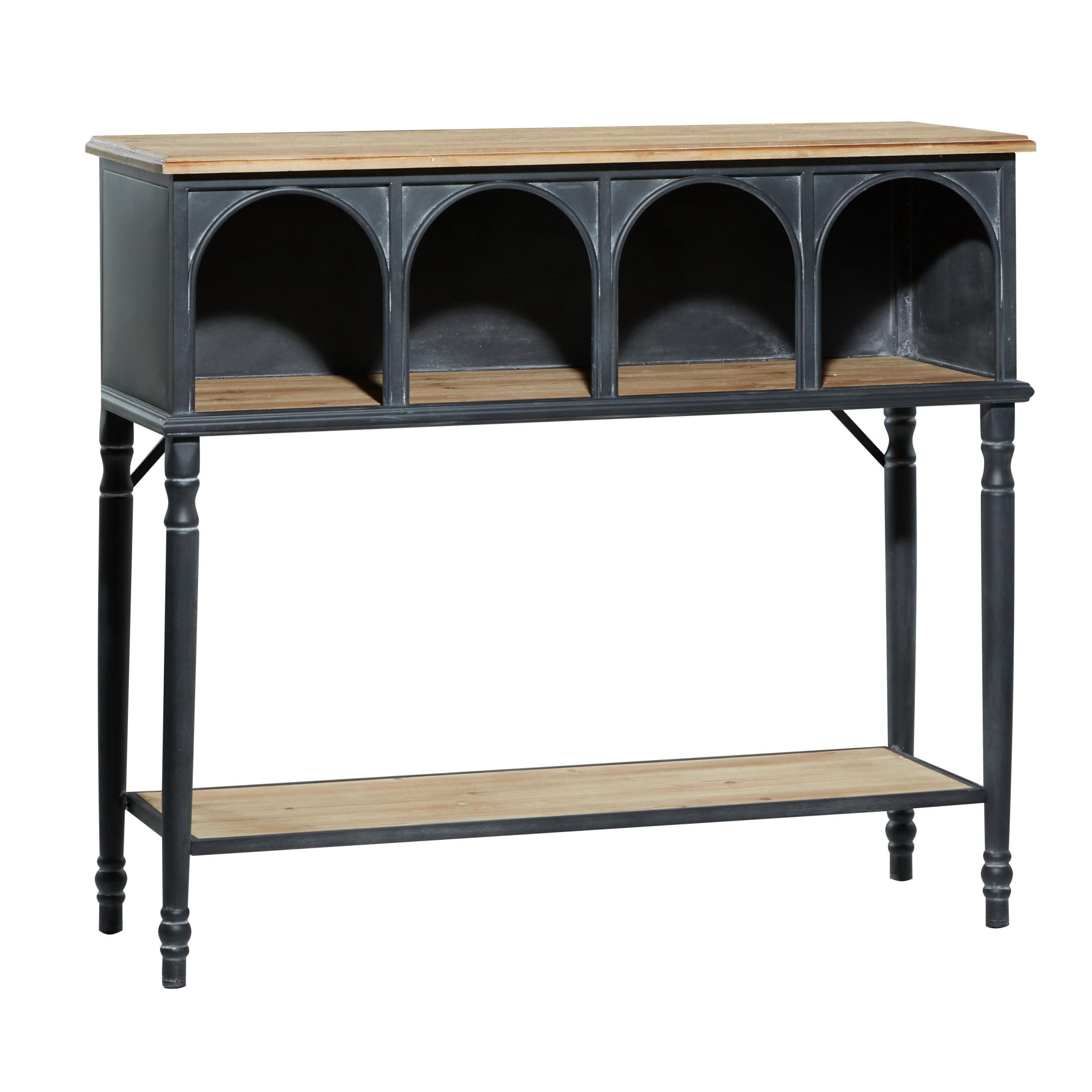 DecMode 47" x 41" Black Metal Arched 2 Shelf and 4 Cubby Console Table with Brown Wood Shelves, 1-Piece