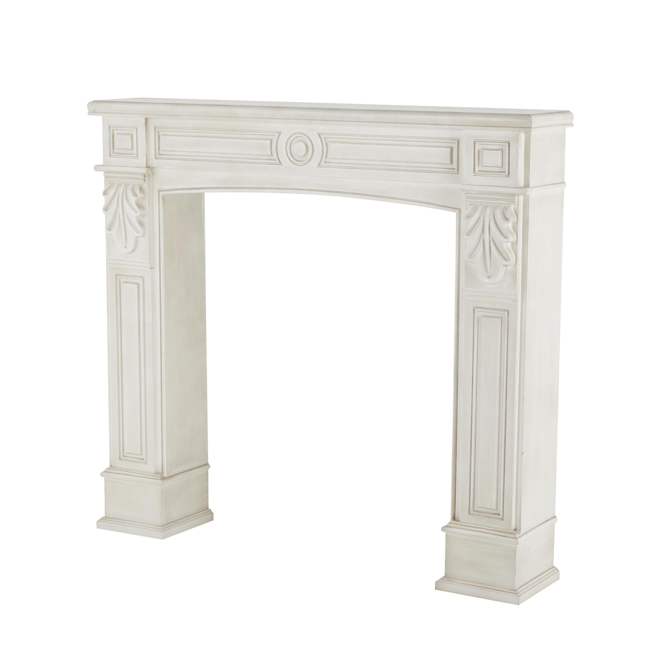 DecMode 47" x 43" Wooden White Freestanding Surround Fireplace Mantle with Leaf Accents