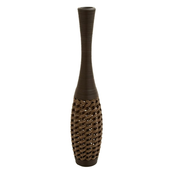 DecMode Brown Faux Seagrass Tall Woven Floor Decorative Vase with Dark Brown Wrapped Neck, 12" x 12" x 48"