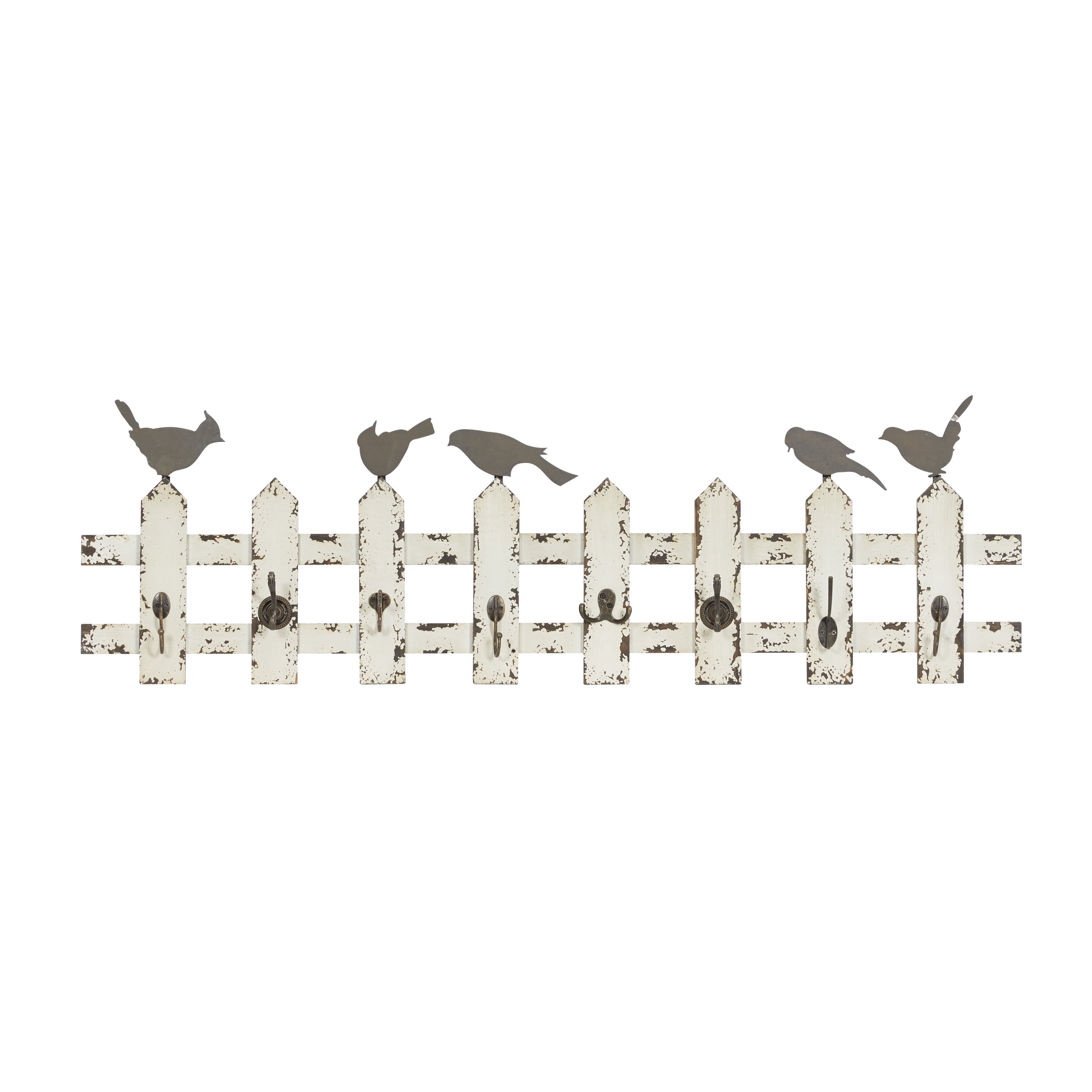 Cream Weathered Wood and Metal Bird Wall Hook Rack