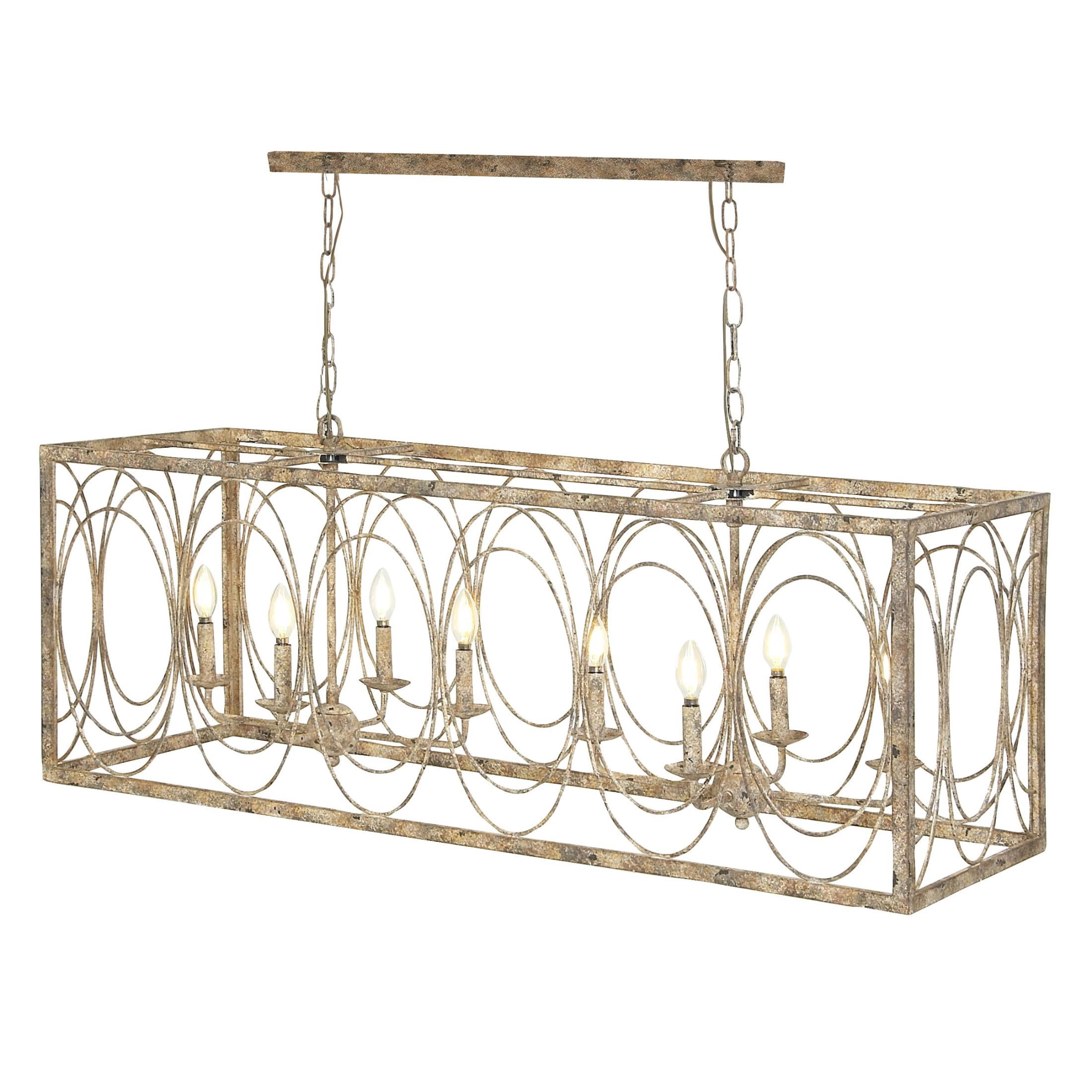 DecMode 48" x 18" Gold Metal Distressed Caged 8 Light Chandelier with Link Style Chain, 1-Piece