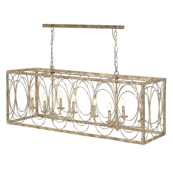 DecMode 48" x 18" Gold Metal Distressed Caged 8 Light Chandelier with Link Style Chain, 1-Piece