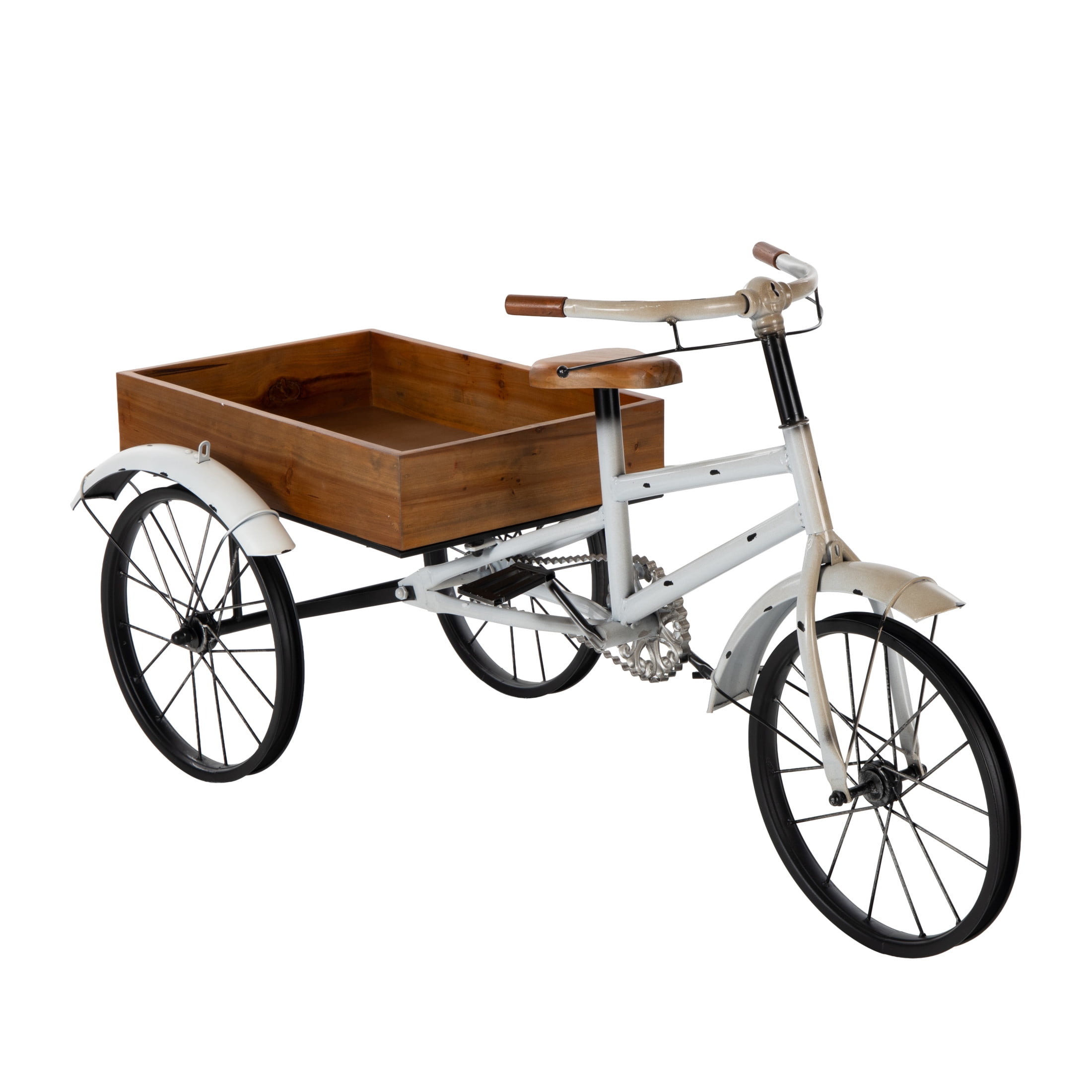 DecMode 48" x 24" x 24" White Metal Vintage Bike Plantstand with Brown Wood Accents