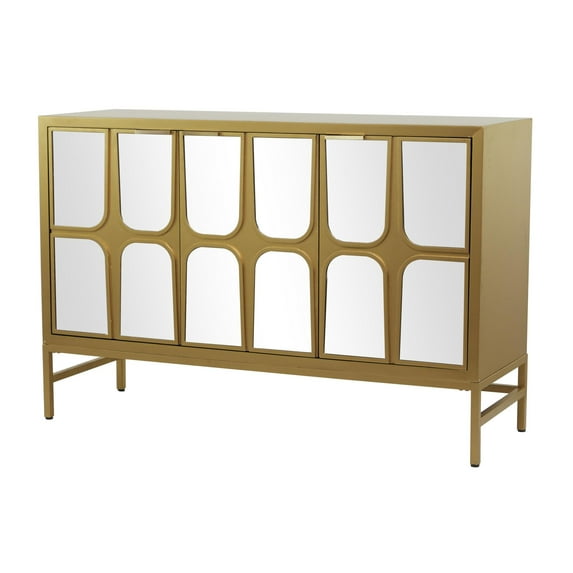 DecMode 48" x 32" Gold Wooden 3 Door Cabinet with Mirrored Front, 1-Piece