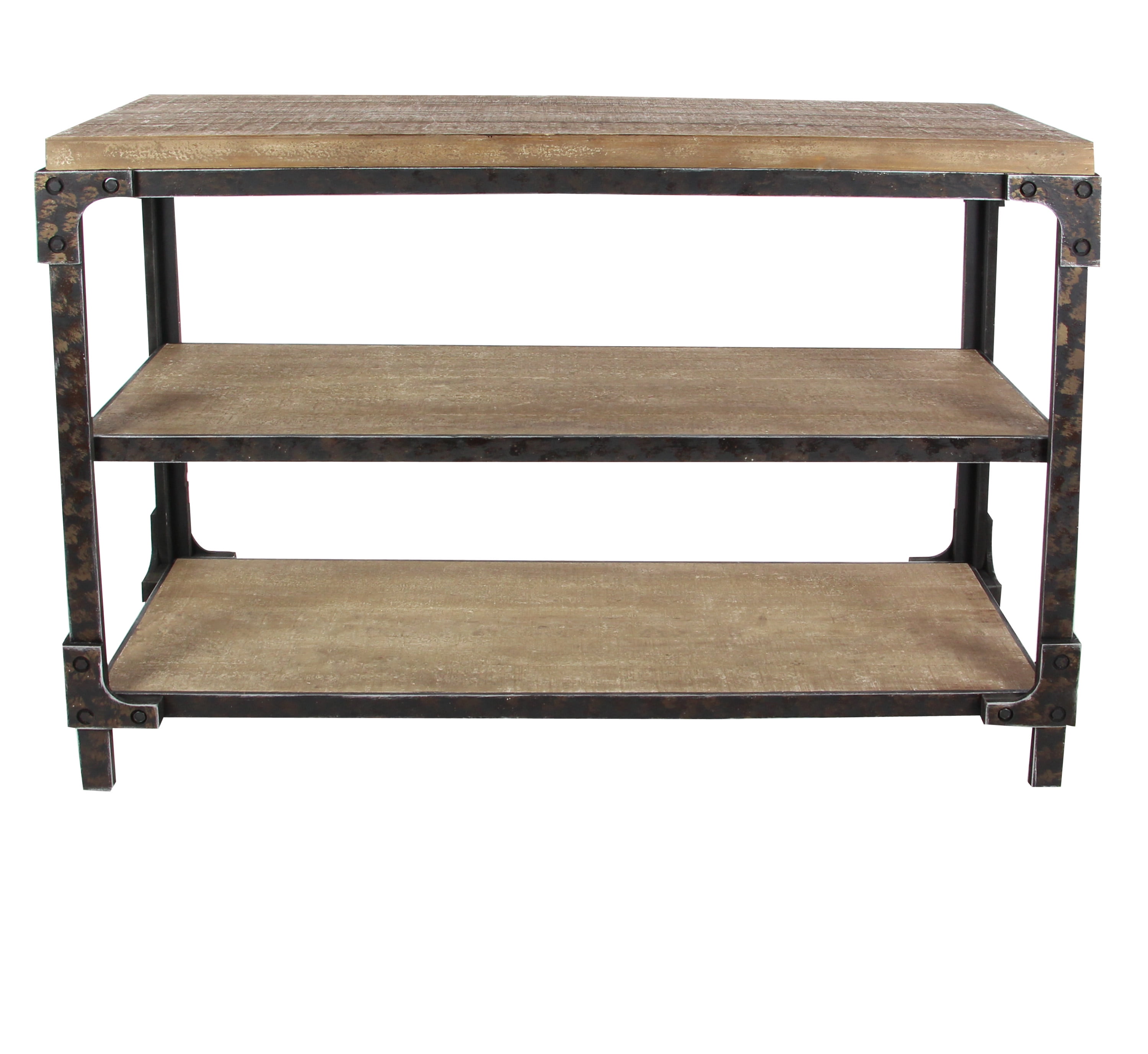 Brown Industrial Wood and Metal 3-Tier Console Table with Storage