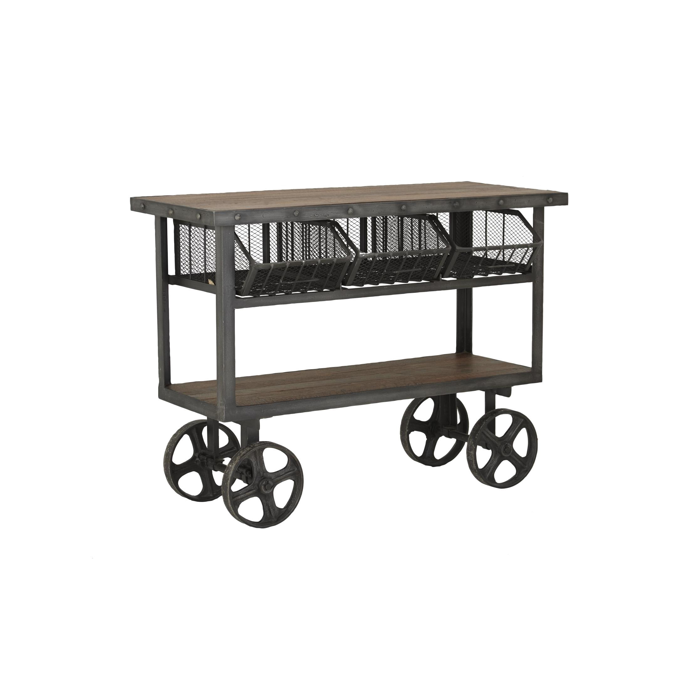DecMode 48" x 36" Black Metal Industrial Rolling Cart 3 Basket Drawer Console Table, 1-Piece