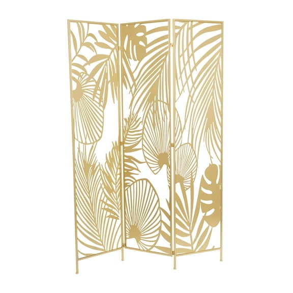 DecMode Gold Metal Leaf Foldable Partition Cutout Palm Leaf 3 Panel Partition Room Divider Screen, 48" x 1" x 71"