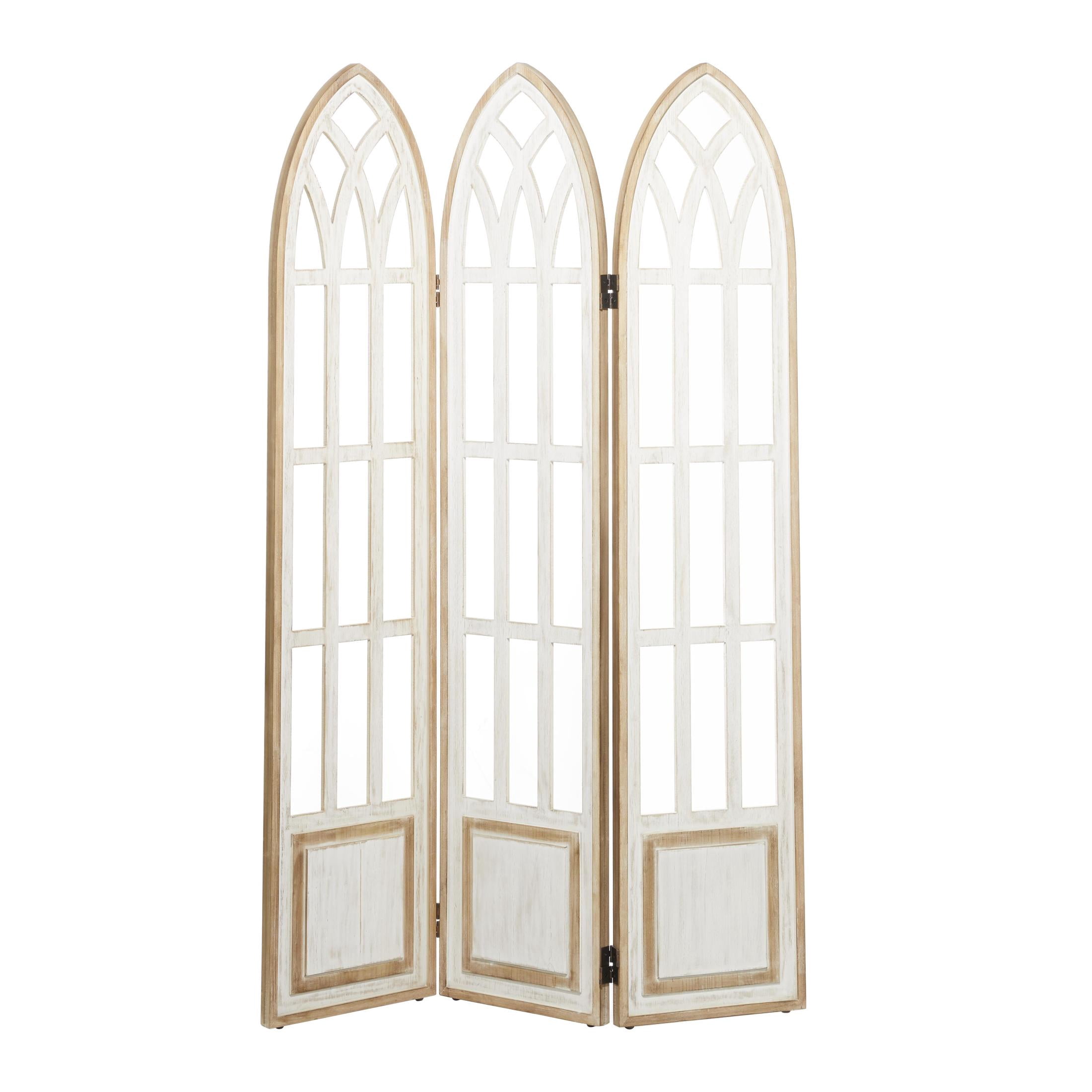 DecMode 48" x 72" White Wood Hinged Foldable Arched Partition 3 Panel Room Divider Screen with Window Pane Details, 1-Piece