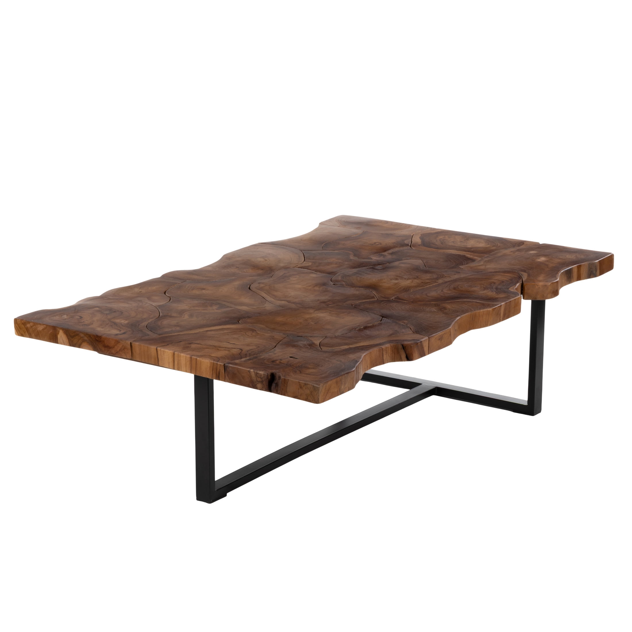 DecMode 49" x 15" Brown Teak Wood Handmade Live Edge Coffee Table with Black Metal Base, 1-Piece
