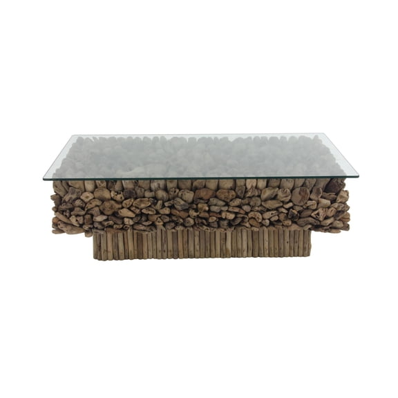 DecMode 49" x 17" Brown Driftwood Handmade Stacked Collage Coffee Table with Tempered Glass Top and Pedestal Base, 1-Piece