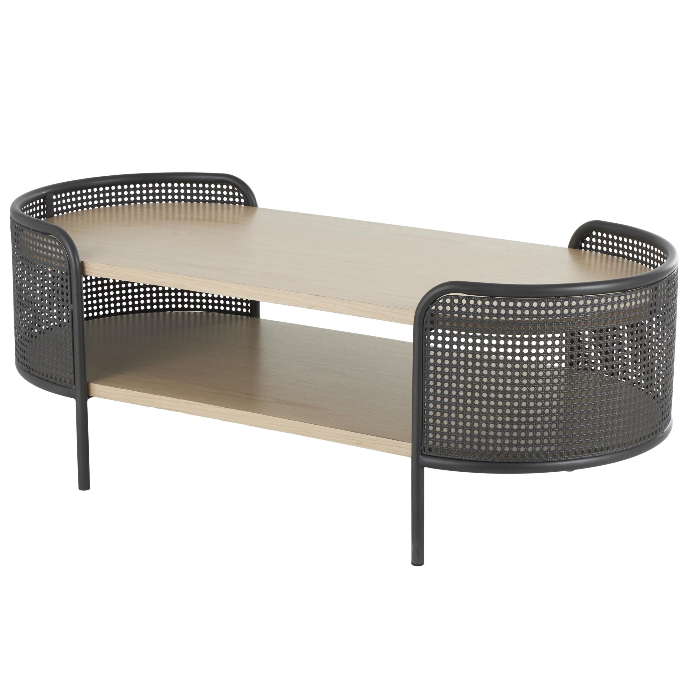 DecMode 49" x 18" Light Brown Wooden Oval Two-Toned Coffee Table with Mesh Side Panels and Brown Wood Tabletop, 1-Piece