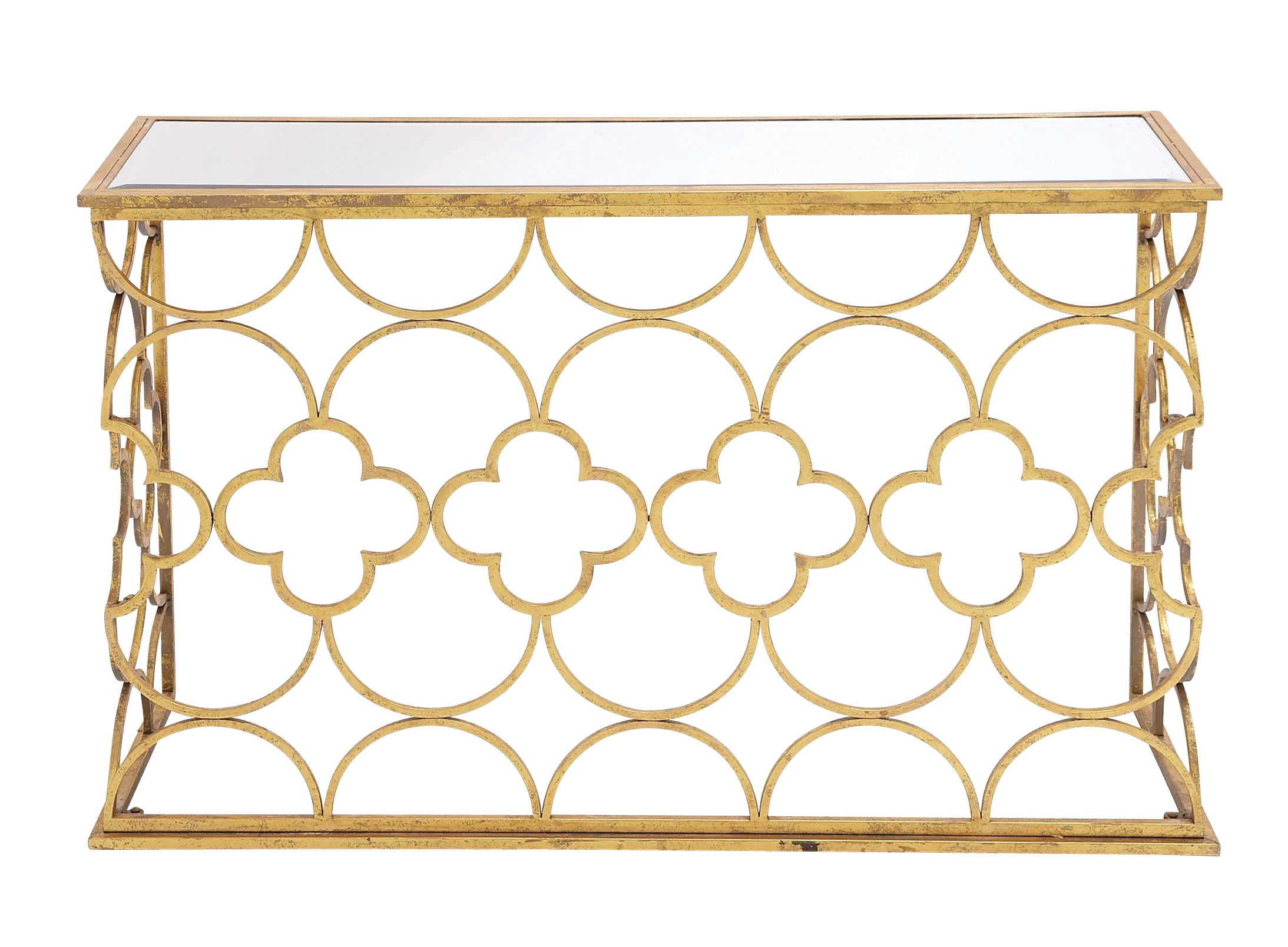 DecMode 49" x 31" Gold Metal Quatrefoil Design Geometric Console Table