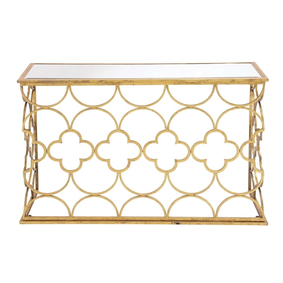 DecMode 49" x 31" Gold Metal Quatrefoil Design Geometric Console Table with Mirrored Glass Top, 1-Piece