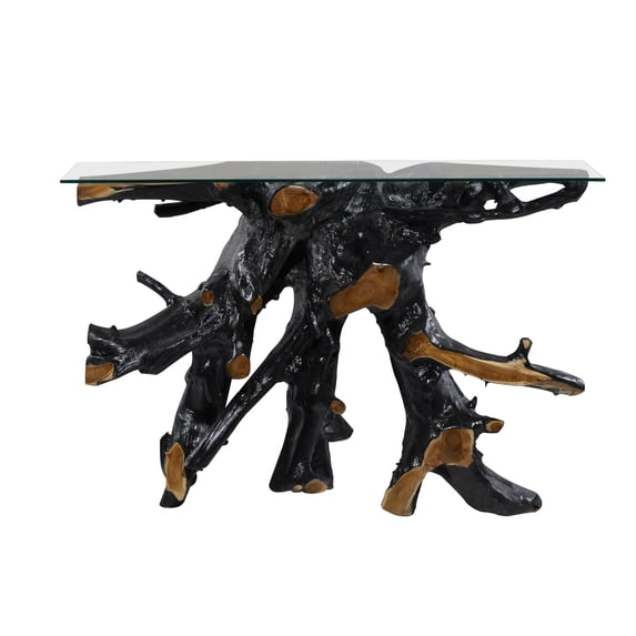 DecMode 49" x 32" Black Teak Wood Handmade Live Edge Tree Stump Console Table with Clear Glass Top, 1-Piece