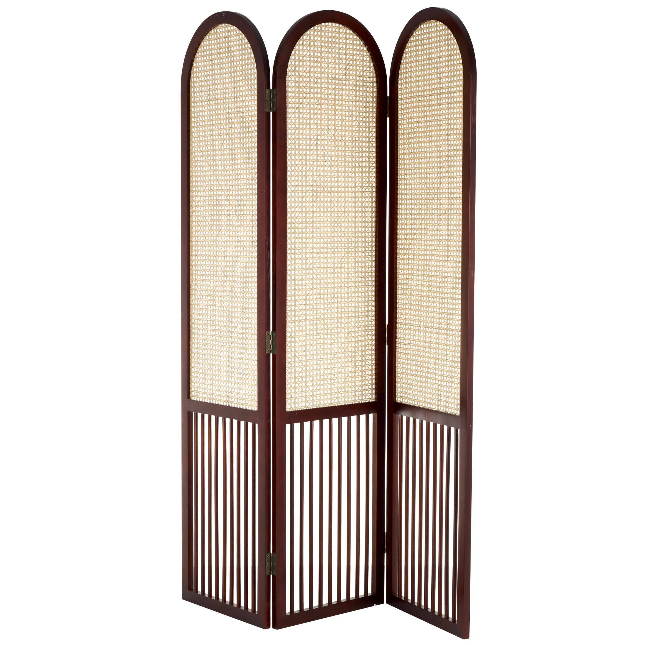 Dark Brown Wood and Tan Rattan 3-Panel Folding Room Divider