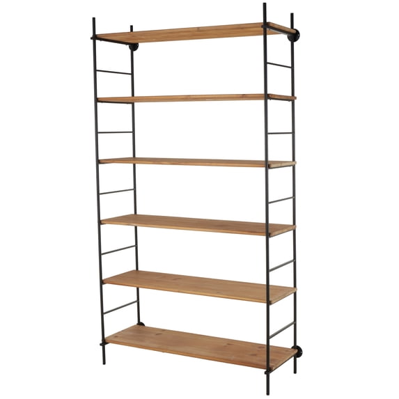 DecMode 49" x 87" Brown Wood Rectangular 6-Tier Shelving Unit with Black Metal Ladder Frames, 1-Piece