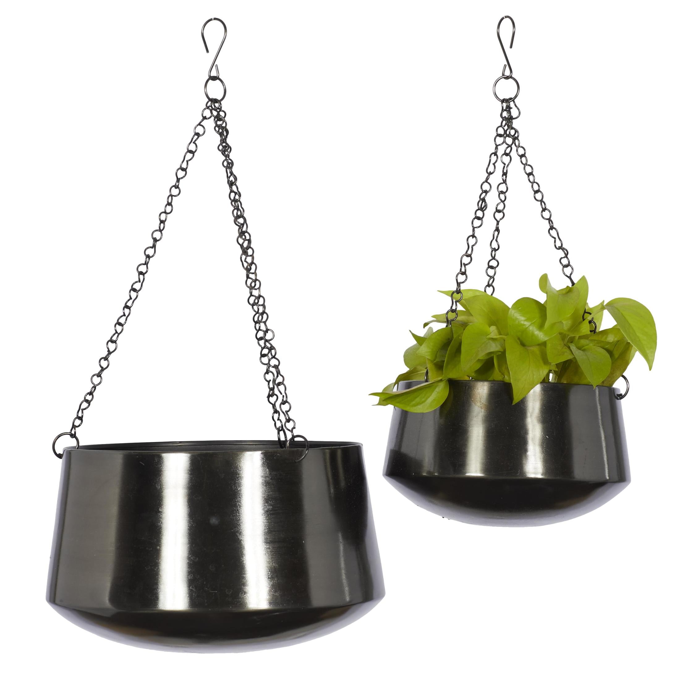 DecMode 5", 7"H Round Black Metal Hanging Dome Wall Planter with Chain (2 Count)