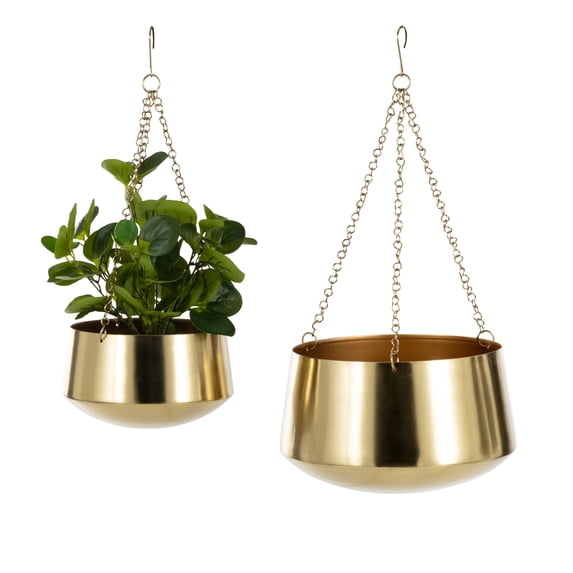DecMode 5", 7"H Round Gold Metal Hanging Dome Wall Planter with Chain (2 Count)