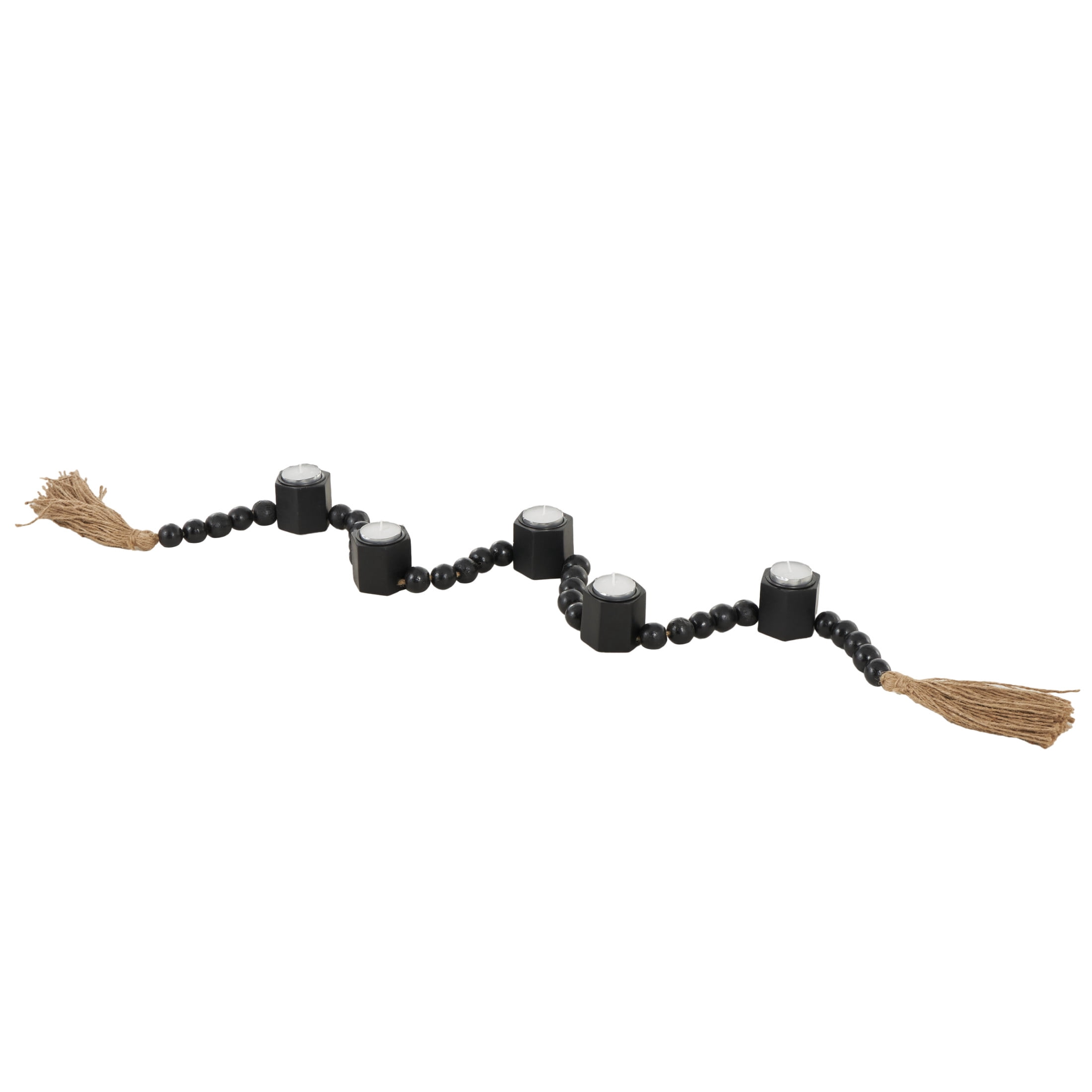 DecMode 5 Candle Black Mango Wood Hexagon Garland Candle Holder with Brown Tassel