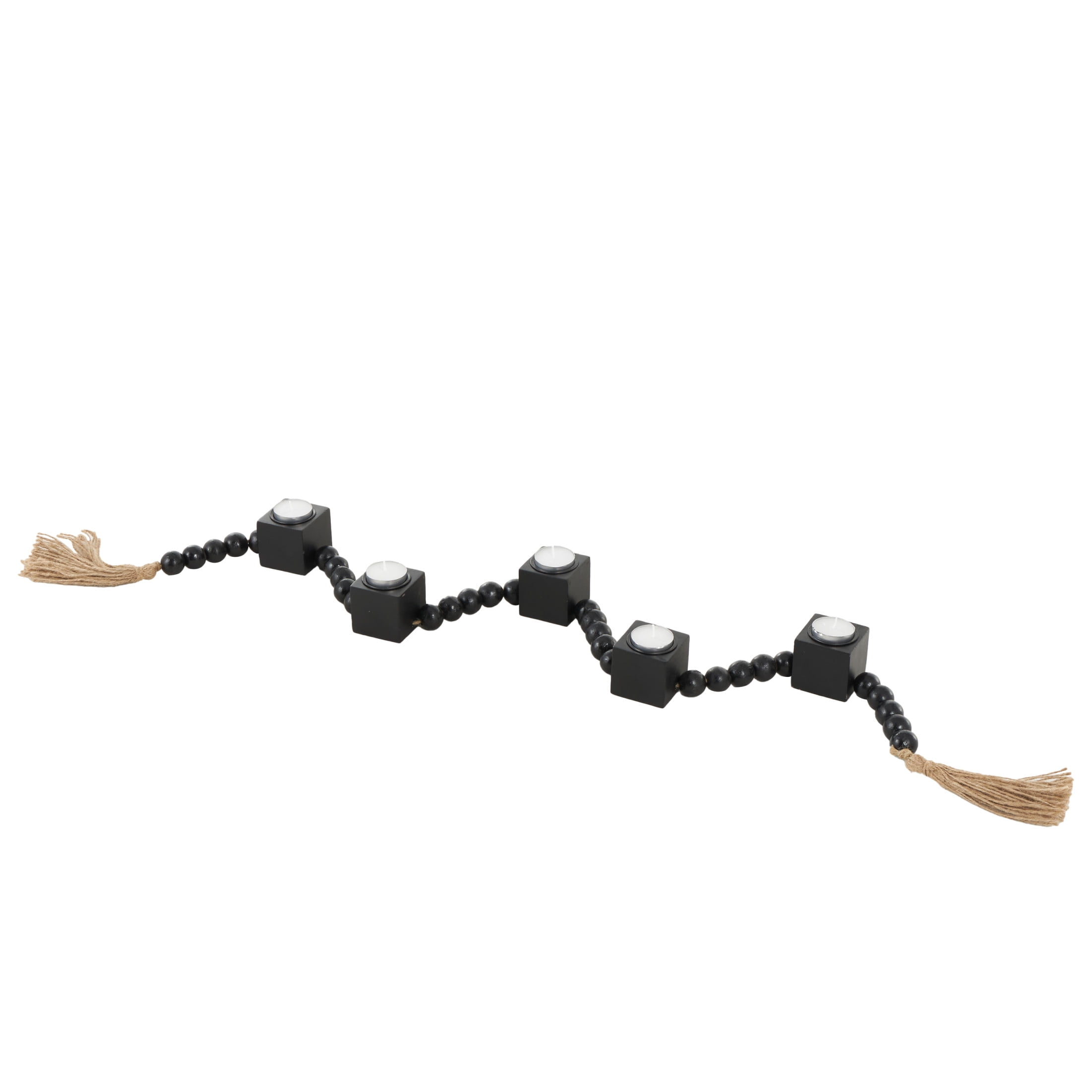 DecMode 5 Candle Black Wood Square Garland Candle Holder with Brown Tassel