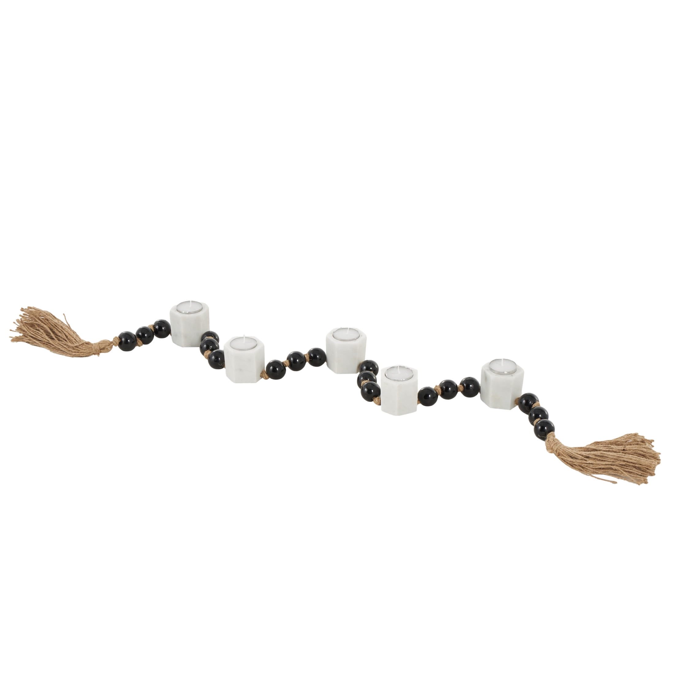 DecMode 5 Candle White Marble Hexagon Garland Candle Holder with Brown Tassel and Black Beads